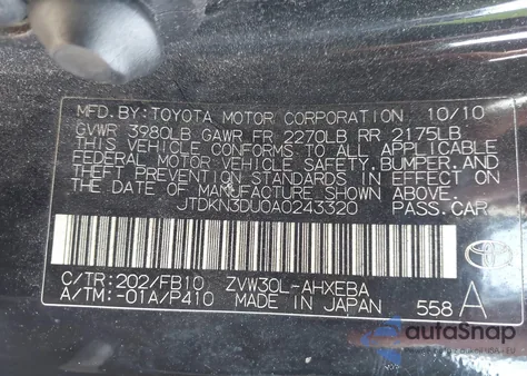 2010 Toyota Prius Ii z USA, uszkodzony, nr VIN JTDKN3DU0A0243320